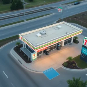 Aerial view of the new 7-Eleven convenience store in Aiken SC with gas pumps and signage.