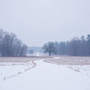 Winter landscape in Aiken County with snow and overcast skies