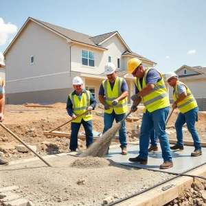 Team of construction workers pouring concrete