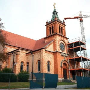 Historic Friendship Baptist Church in Aiken SC with construction site nearby