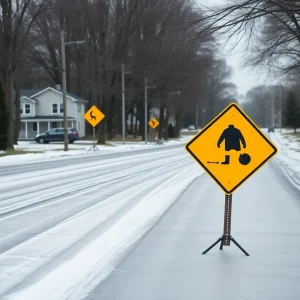 Icy road in North Augusta with warning signs