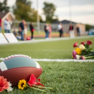 Tribute to the young quarterback from Monetta with flowers and a football