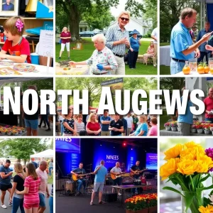 Collage of North Augusta community events, showcasing crafts, music, and floral exhibits.