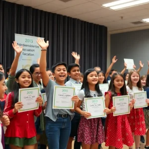 Students celebrating at an award ceremony for the NSDAR essay contest