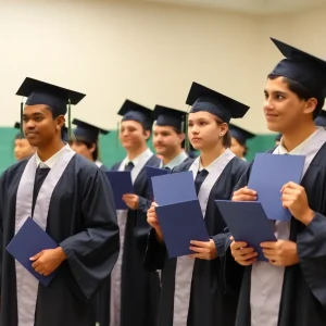 Inmates celebrating graduation in caps and gowns