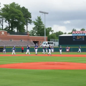 Baseball field at Augusta University with players practicing