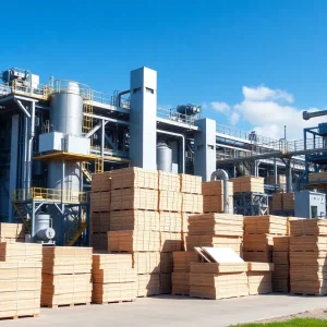 Modern paper production facility with machinery and paperboard stacks.