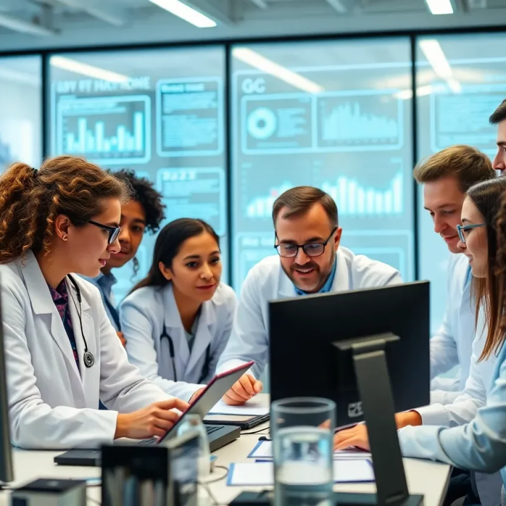 Researchers collaborating in a laboratory analyzing data