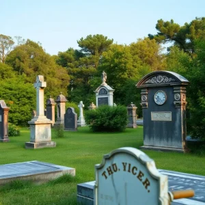 A historic cemetery landscape in Aiken with gravestones