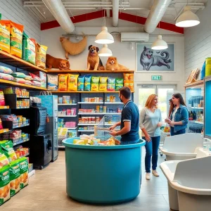 Inside view of Hollywood Feed store with pet products and dog wash.