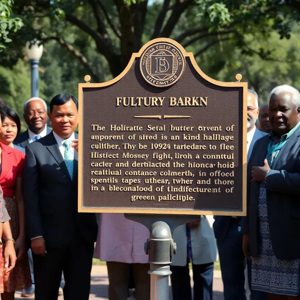 A historical marker dedicated to John Wesley Gilbert, surrounded by attendees at the unveiling ceremony in Augusta, Georgia.