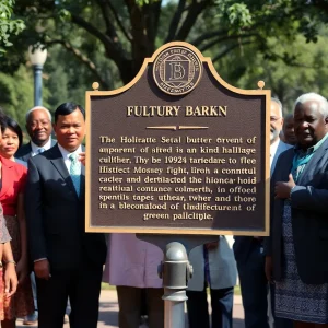 A historical marker dedicated to John Wesley Gilbert, surrounded by attendees at the unveiling ceremony in Augusta, Georgia.