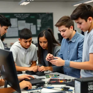 High school students at an IT apprenticeship event assembling computers and demonstrating skills in technology.