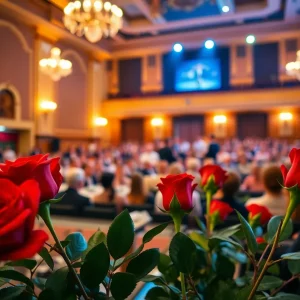 A romantic concert setting showcasing musicians and decorations for Valentine's Day.