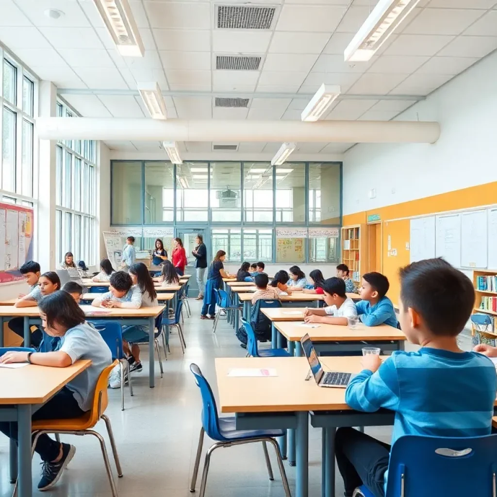 Modern Aiken County school interior with students