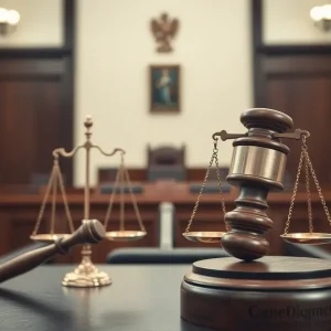 Image of a gavel and scales of justice in a courtroom