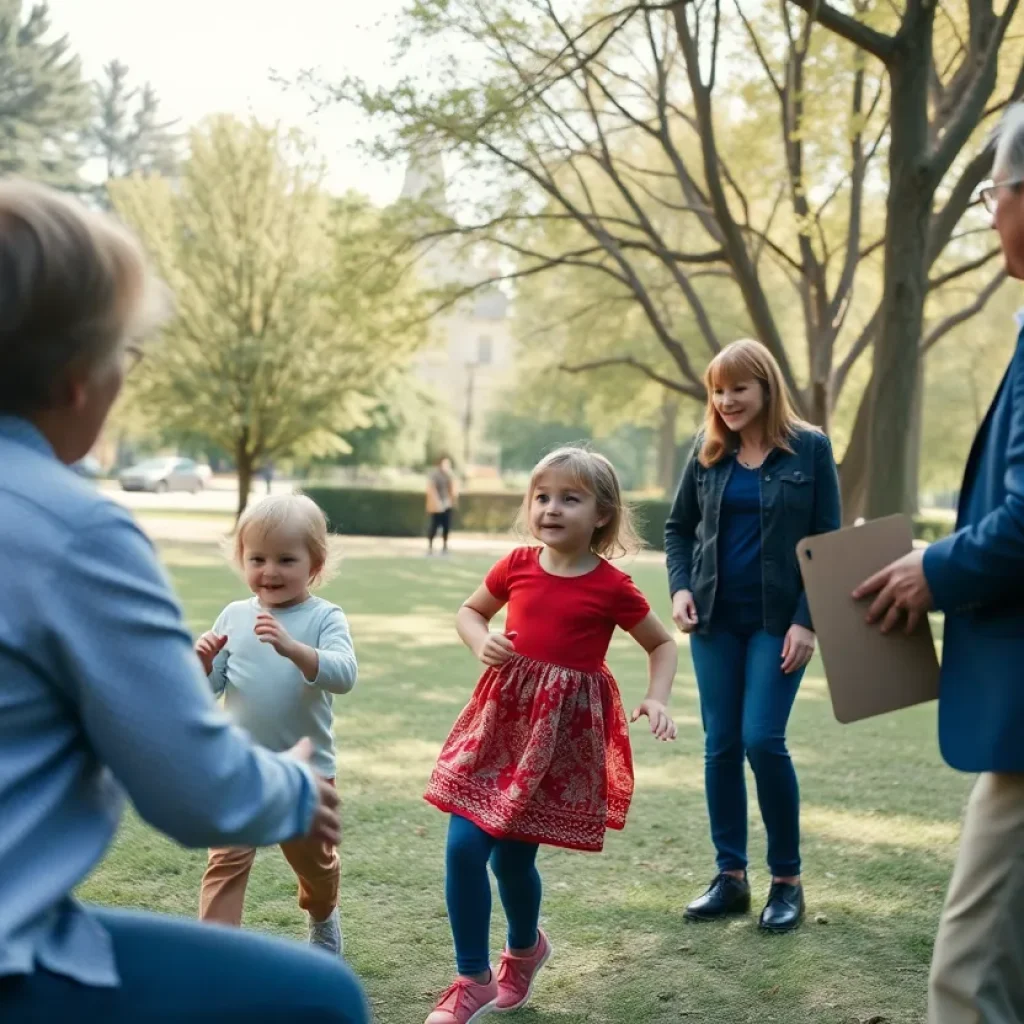 A serene park scene with children playing, symbolizing family priorities.