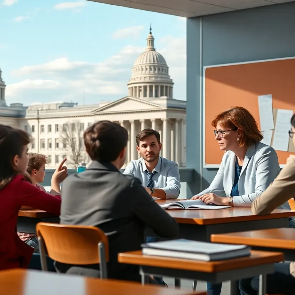 Conceptual image representing the future of education with students and teachers