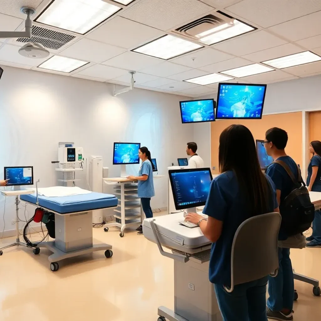 Students engaged in health care simulation training at a modern facility.