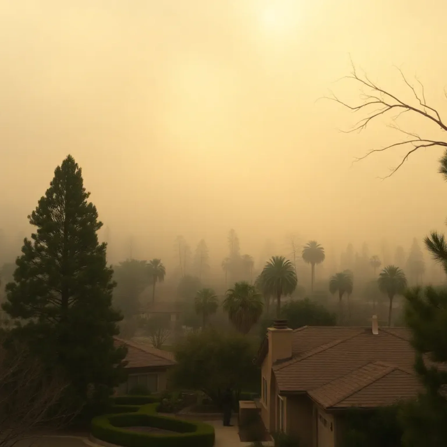 Smoky skies over trees and houses due to wildfires