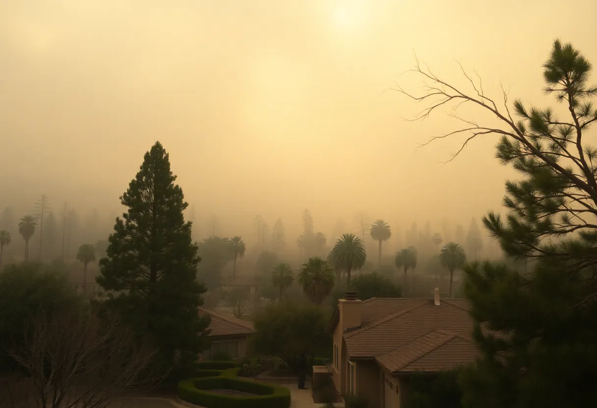 Smoky skies over trees and houses due to wildfires