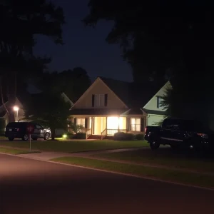 Suburban home at night with security concerns.