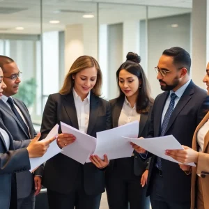 Diverse group of attorneys strategizing in an office