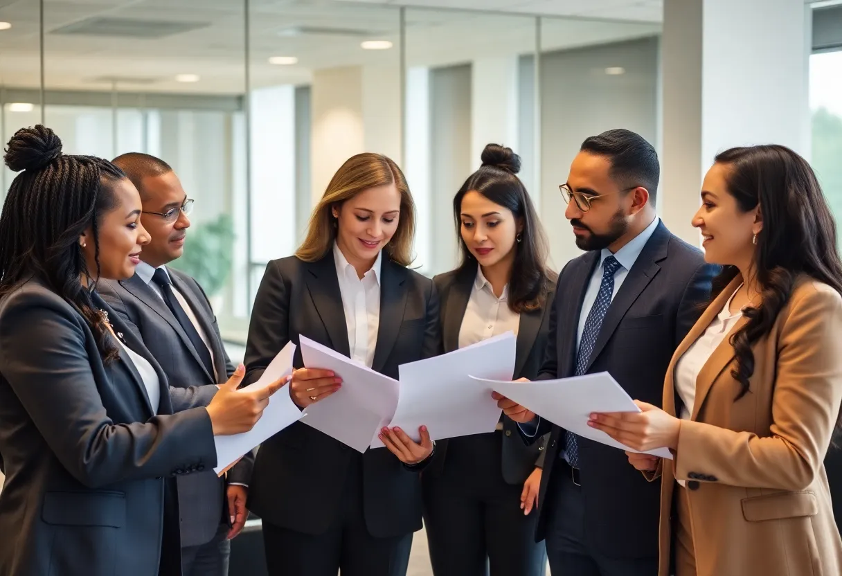 Diverse group of attorneys strategizing in an office